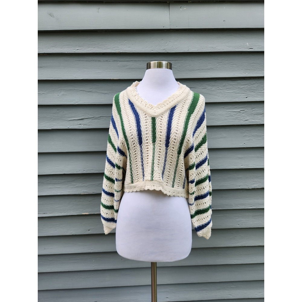 Vintage 90s Y2K Cropped Sweater Ivory Blue Green Striped Pointelle Cotton Small